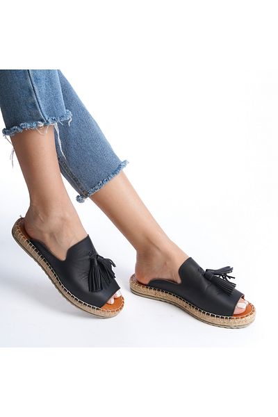 Wildco Papuci de damă espadrille negru din piele naturală - ciucuri tricotate din iută