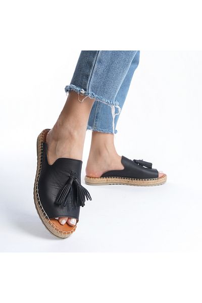 Wildco Papuci de damă espadrille negru din piele naturală - ciucuri tricotate din iută