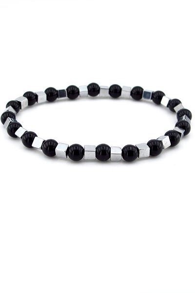 Solfera Men's Bracelet - 6mm Black Onyx and Silver Hematite Natural Stone J0263