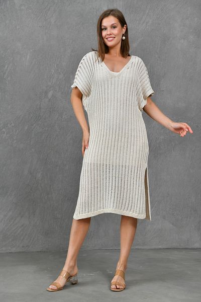 bayansepeti Rochie oversize din tricot cu decolteu în V bej - cu fantă laterală, căptușită și mânecă liliac Midi 9092
