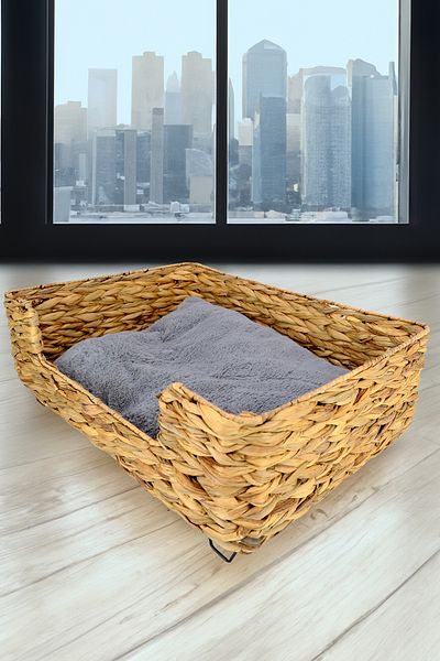 Digithome Wicker Rectangular Cat and Dog Bed with Inner Cushion 60.5 Cm Brown - CL-4038 C1-1-121