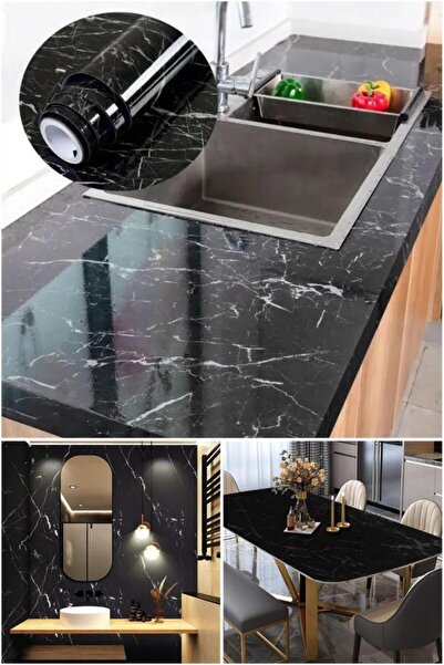 TUTYAKALA Siyah Mermer Desenli Kendinden Yapışkanlı Isıdan Sudan Ekilenmeyen ...