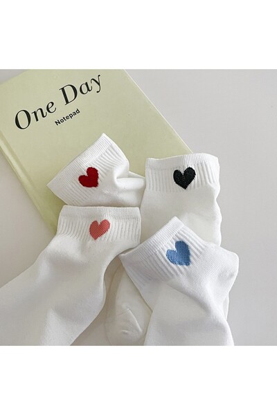 çorapmanya White Unisex College Tennis Socks - 7 Pairs Half Socks Heart Patterned