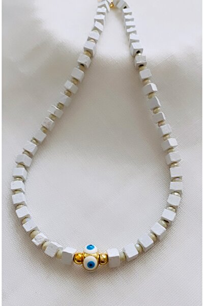 VNS Accessories Nazar Boncuk Detaylı Kare Ahşap Ve Kristal Boncuk Tasarım Kolye