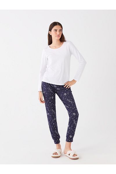 LC Waikiki Bedrucktes Langarm-Damenpyjama-Set mit Rundhalsausschnitt