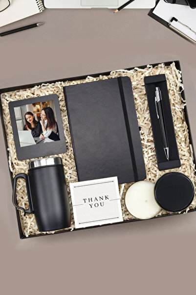 Trendmiya Çelik Termos & Siyah Defter & Kalem & Siyah Metal Kutulu Mum & Siya...