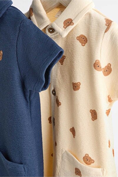 Next Baby 100% Cotton Navy Blue Cream Polo Neck Romper Set of 2