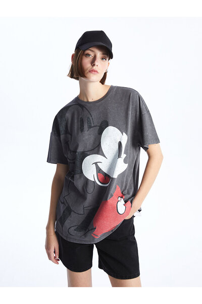 LC Waikiki Dámské oversize tričko Mickey Mouse s krátkým rukávem a výstřihem s potiskem