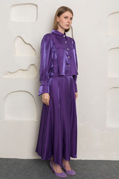 Nurs Purple Satin Shirt and Skirt Set - Stone Buttoned
