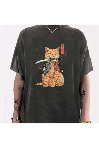 Toum DamlaHobi Unisex Washable Killer Cat Vintage T-shirt