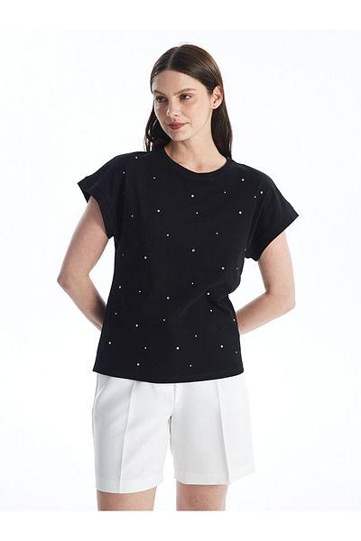 LC Waikiki Tricou de damă cu mânecă scurtă cu imprimeu cu piatră strălucitoare și gât