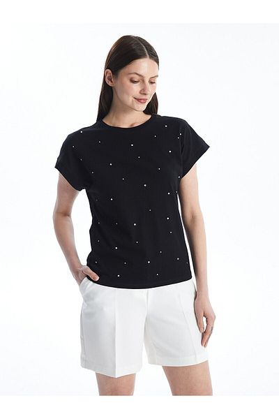 LC Waikiki Tricou de damă cu mânecă scurtă cu imprimeu cu piatră strălucitoare și gât