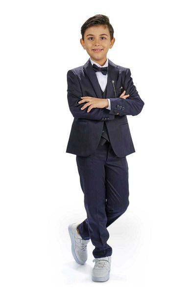 Magu Boys Navy Blue Jacket Shirt Vest Bow Tie Pants Tuxedo Groom Suit