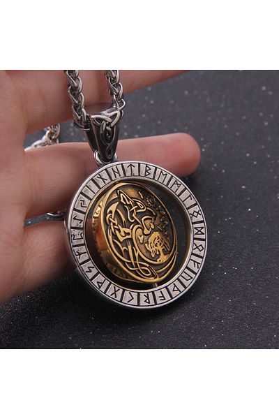 Viking Odin Back and Freki Design - 316L Necklace with Rotating Mechanism and Runic Lettering