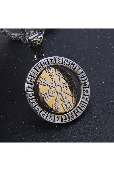 Viking Nordik Vegvisir Pattern - 316L Steel Necklace with Runic Symbol and Rotating Mechanism