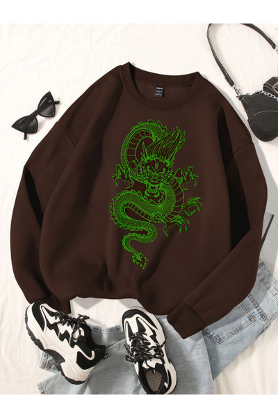 Topçu Kahverengi Dragon Baskılı Unisex Çocuk Sweatshirt