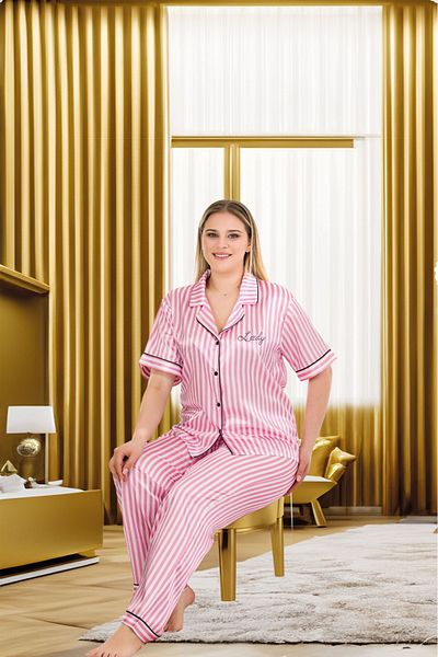 Lady Lingerie Plus Size Satin Pajama Set - Pink Striped
