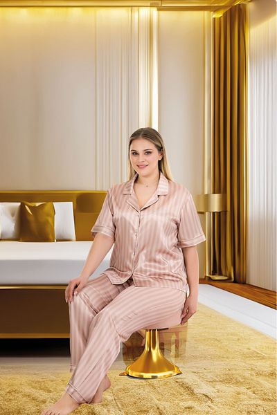 Lady Lingerie Women's Short Sleeve Plus Size Satin Striped Pajamas Set