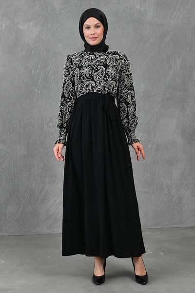 lovebox Women's Patterned Cotton Fabric Belt Detailed Design Black Maxi Hijab Dress 1620