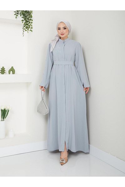 MODAMERSİ Gray Stoned Women's Ferace Abaya