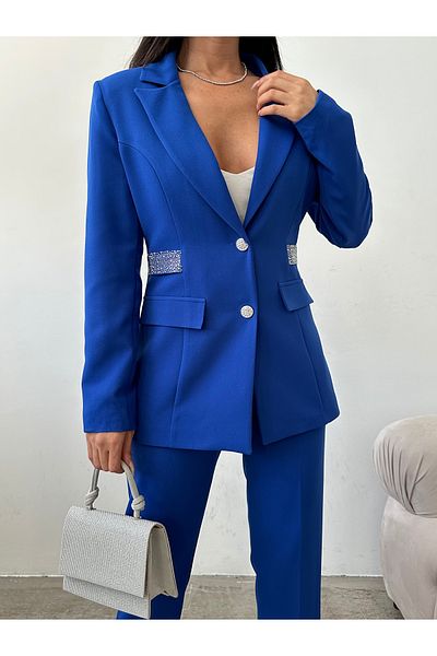Female Clothing Saks Blue Jewelled Blazer Jacket - Pants Set with Flexible Pockets and Belt