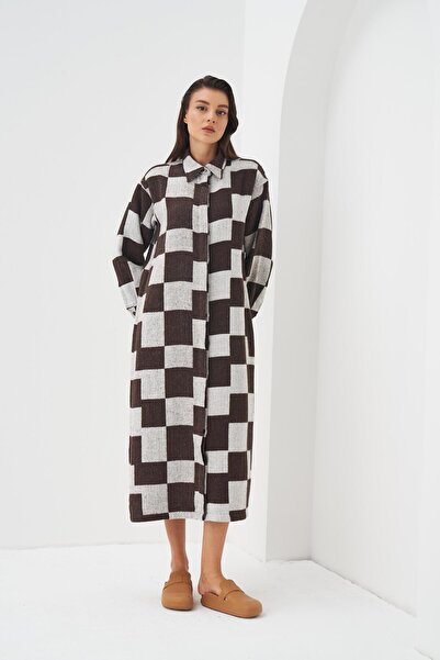 Mevra Brown Plaid Patterned Shirt Dress