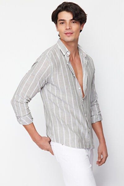 Trendyol Collection Light Khaki Slim Fit Button Collar Striped Shirt Tmnss22Go0028