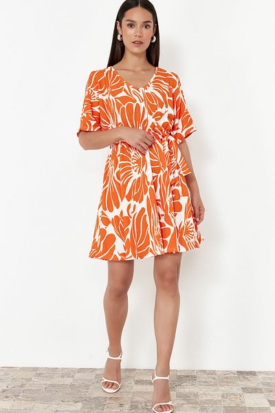 Trendyol Collection Stretchy Midi Knitted Dress - Orange Printed, Relaxed Fit with Pool Collar and Belted TWOSS24EL01016