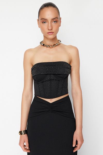 Trendyol Collection X Zeynep Tosun Black Pletená zářivě zdobená prsatá TCLSS24BS00001