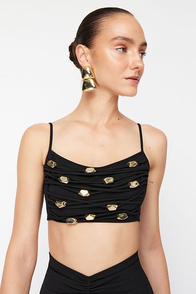 Trendyol Collection X Zeynep Tosun Černý pletený bustier s příslušenstvím TCLSS24BS00005