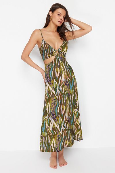 Trendyol Collection Abstraktní vzor maxi tkané plážové šaty s výstřihem/okénkem TBESS24EL00127