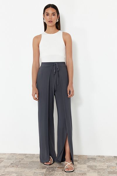 Trendyol Collection Anthracite Lacing Detailed Slit Flexible Trousers TWOSS24PL00135