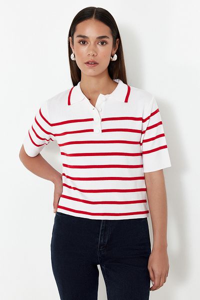Trendyol Collection Cream Premium Quality Polo Collar Striped Knitwear Sweater TWOSS24KZ00048