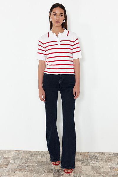 Trendyol Collection Cream Premium Quality Polo Collar Striped Knitwear Sweater TWOSS24KZ00048