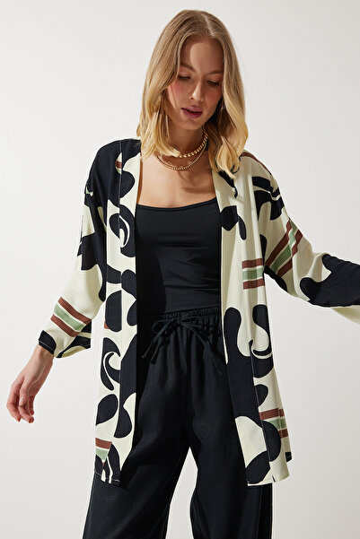 Happiness İstanbul Dámské černé kostěné vzorované viskózové kimono EN00615