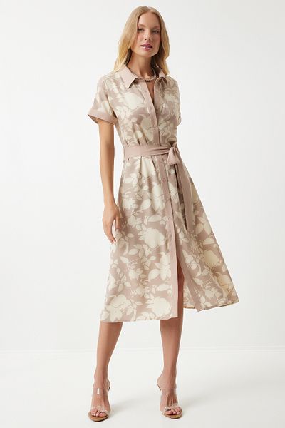 Happiness İstanbul Cremefarbenes Damenkleid aus dünner Viskose mit Blumenmuster - Sommer DD01311