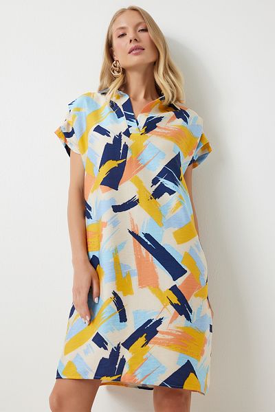 Happiness İstanbul Rochie de vară pentru femei cu model, galben albastru, guler polo - OF00001