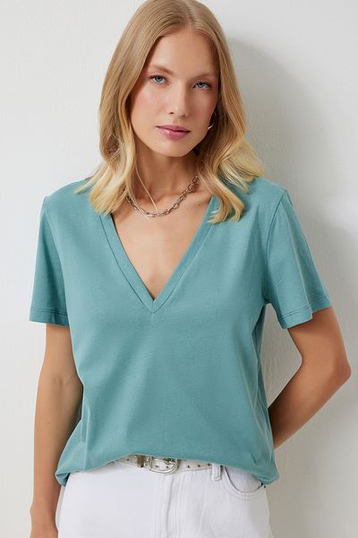 Happiness İstanbul Green V-Neck Women's Knitted T-Shirt - HY00016