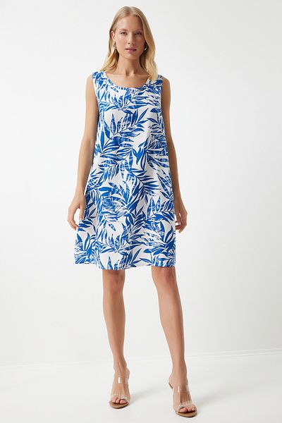 Minikleid aus Leinen-Viskose - Dunkelblau und Weiß gemustert BH00343