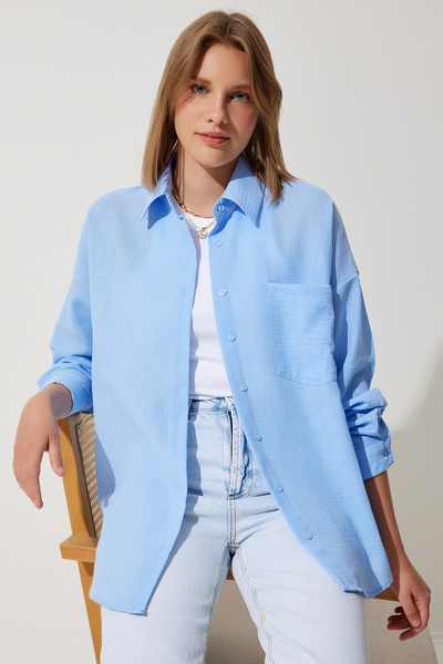 Happiness İstanbul Kadın Gök Mavi Oversize Keten Ayrobin Gömlek DD01222