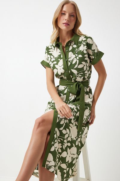 Happiness İstanbul Green Floral Patterned Thin Viscose Women's Dress - DD01311