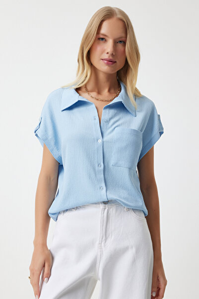 Happiness İstanbul Nebesky modrá pohodlná pletená dámská košile - s kapsami DD01325