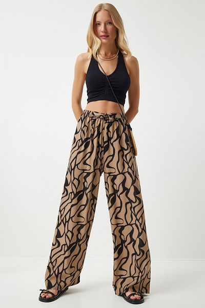 Happiness İstanbul Beige Black Patterned Viscose Palazzo Women's Trousers - EN00606