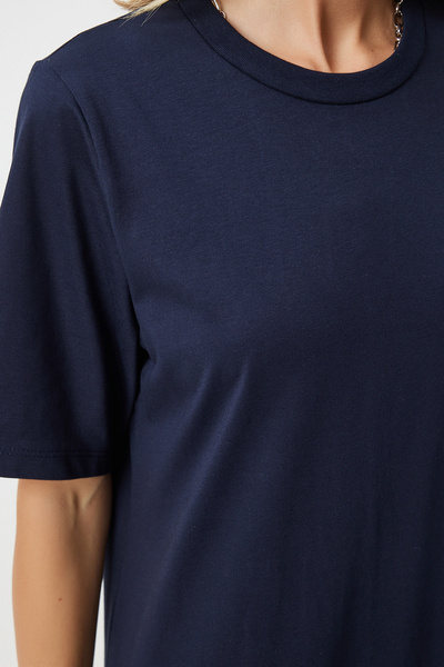 Happiness İstanbul Sötétkék laza, kényelmes fésült pamut női ruha - bő nyakú BP00158