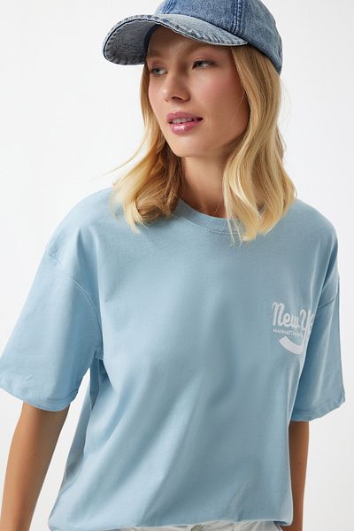 Happiness İstanbul Sky Blue Printed Oversize Women's T-Shirt - DD01326