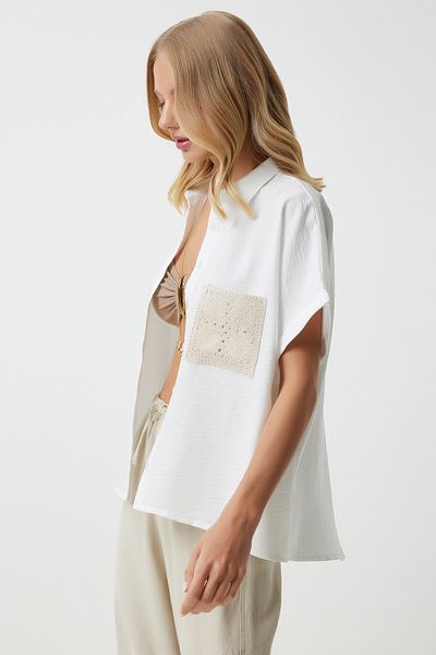 Happiness İstanbul Ecru Linen Shirt - Guipure Lace, Pocket, Ayrobin TP00044