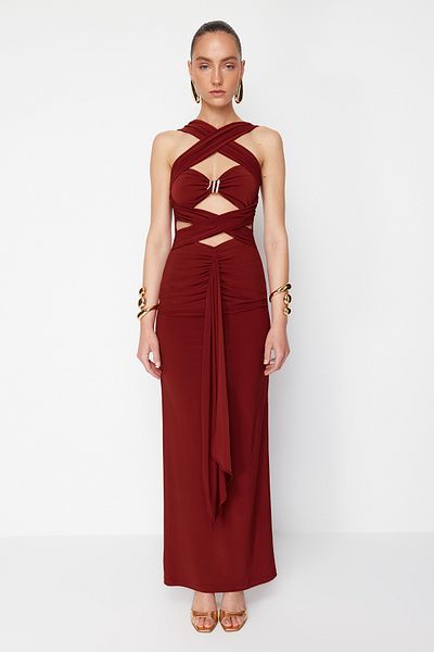 Trendyol Collection Detailní večerní šaty Zeynep Tosun v cihlové barvě hada – šaty pro návrat domů TCLSS24AE00000