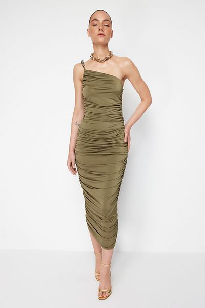 Trendyol Collection Zeynep Tosun Design - Khaki színű kötött estélyi ruha kiegészítővel TCLSS24EL00002