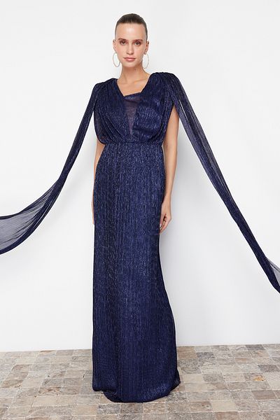 Trendyol Collection Saks A-Cut Sleeve Detailed Pletené dlouhé večerní šaty a šaty pro návrat domů Tprss24Ae00099