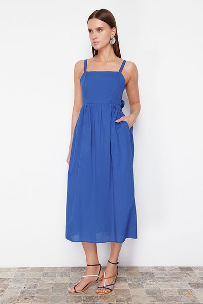 Trendyol Collection Rochie mini din voal de bumbac cu decolteu în formă de A albastră TWOSS24EL00775